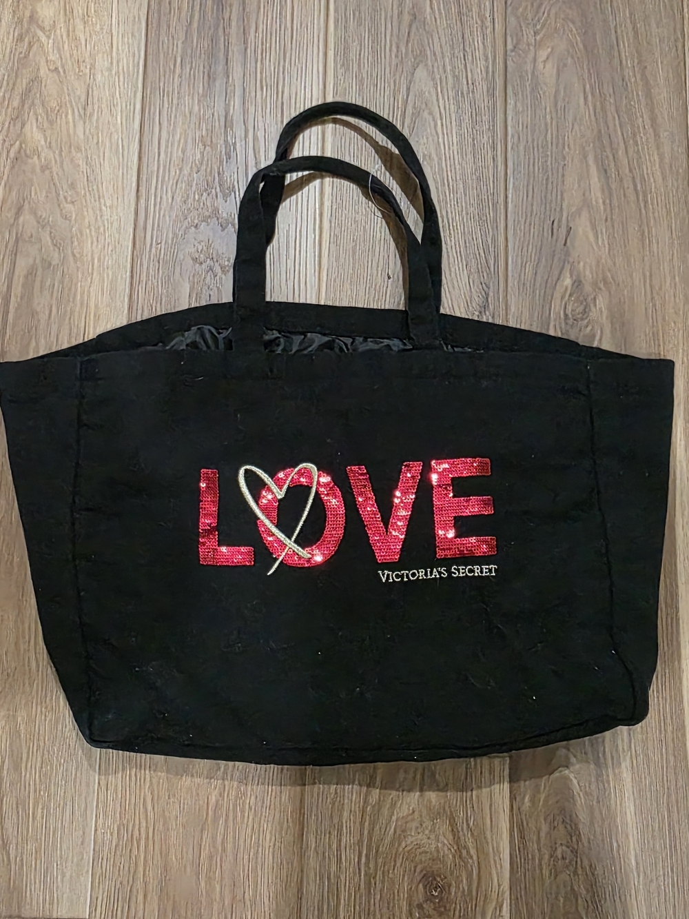 Victoria's Secret Black Tote with Red Sequin LOVE and Gold Accent